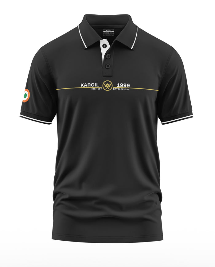 Black men's polo t-shirt with white collar trim, Kargil 1999 battlefield text, and Indian flag patch on sleeve