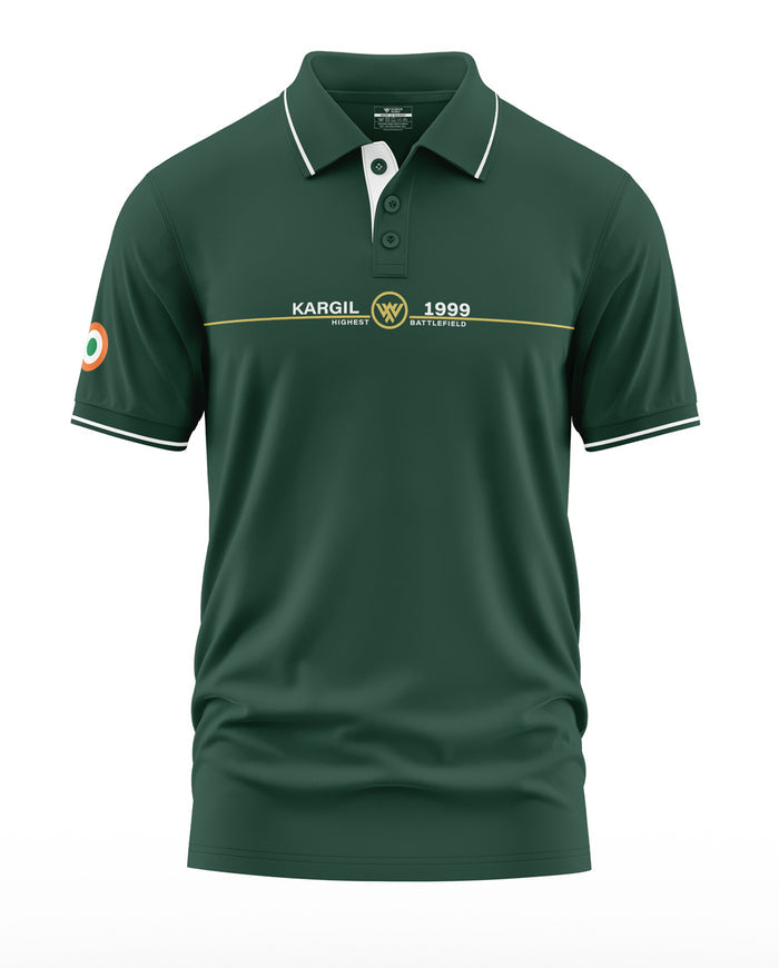 Green men's polo t-shirt with Kargil embroidery, Indian flag patch on sleeve, army-inspired design.