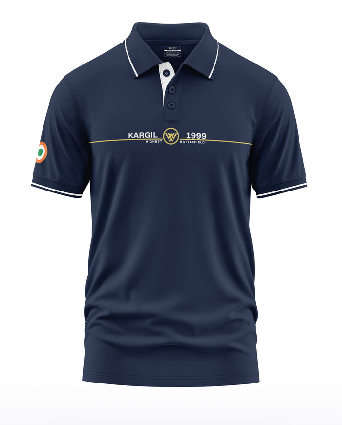 Navy blue men's polo t-shirt with 'Kargil 1999' text and Indian flag patch on sleeve