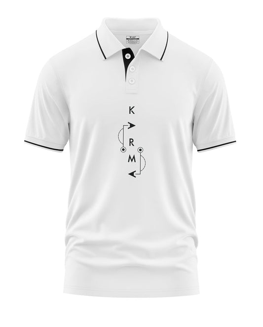 White men's polo shirt with black accents and abstract KRM graphic on the chest