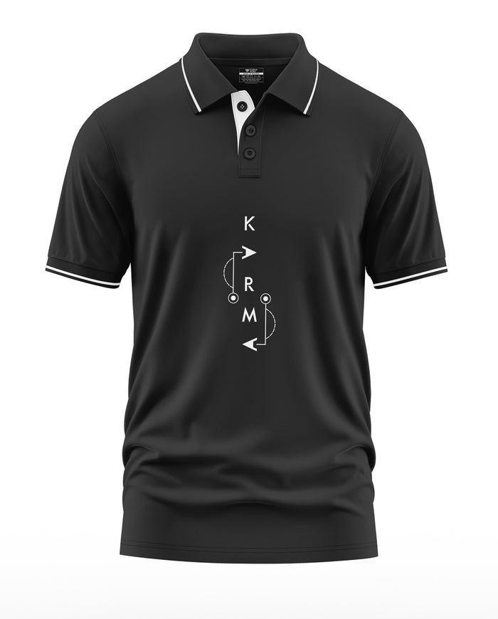 Black men's polo t-shirt with white piping and unique karma graphic design on front