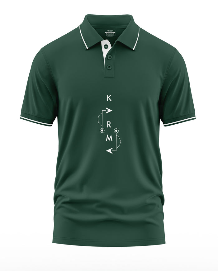 Dark green men's polo t-shirt with white piping and modern vertical graphic print on front