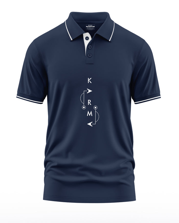 Navy blue men's polo t-shirt with white graphic design and buttoned collar