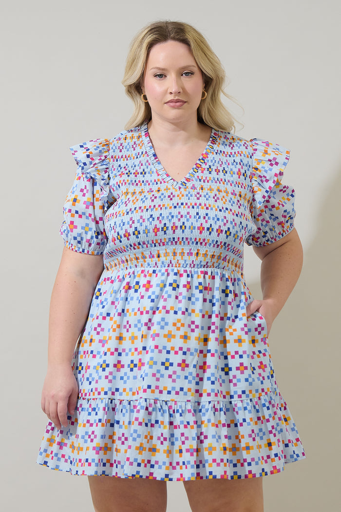 Kessa Geo Leones Smocked Mini Dress Curve