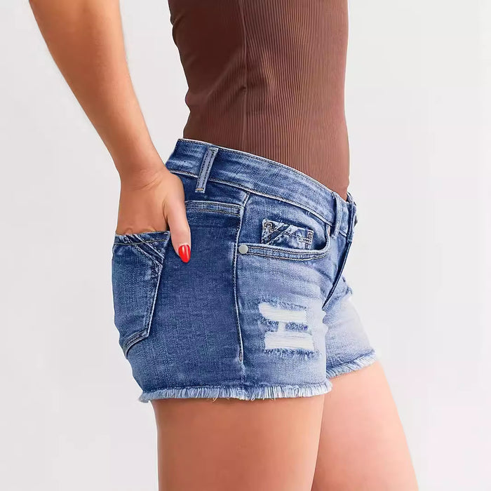 Ladies Ripped Denim Button Shorts – Street Style
