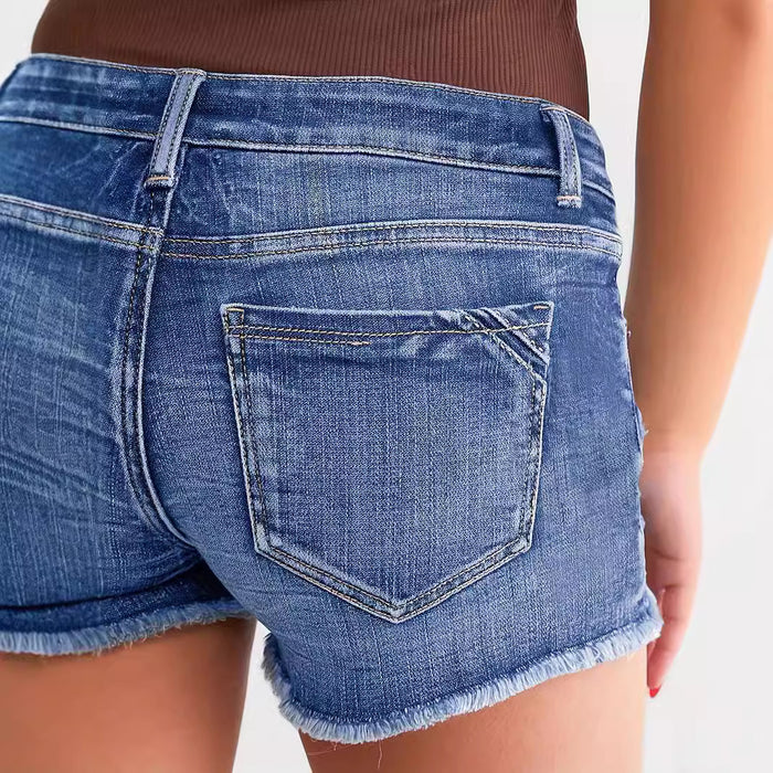 Ladies Ripped Denim Button Shorts – Street Style
