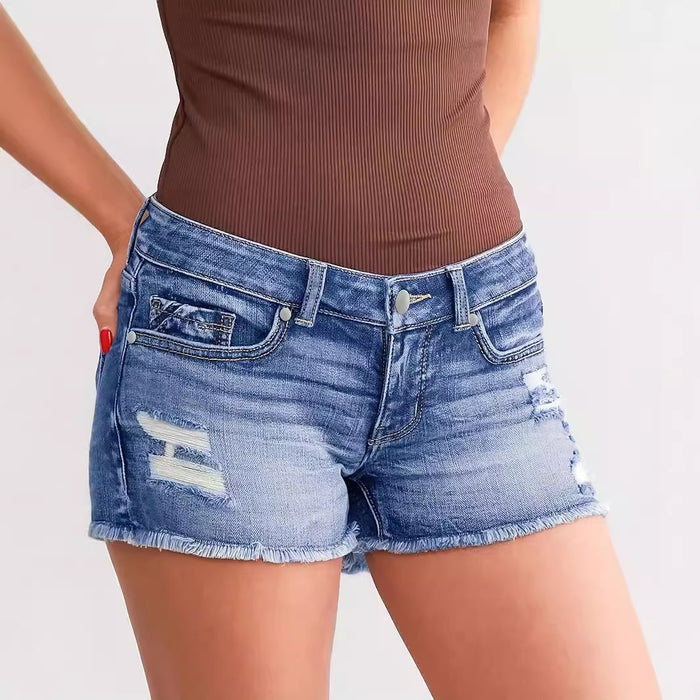 Ladies Ripped Denim Button Shorts – Street Style