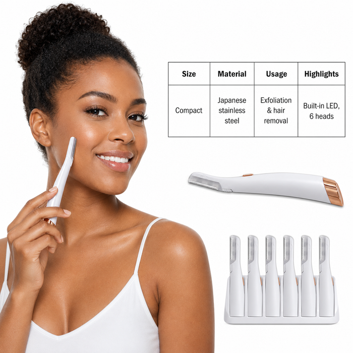 Flawless Dermaplane Glo facial tool with Japanese stainless steel blade, LED illumination and compact white ABS handle design