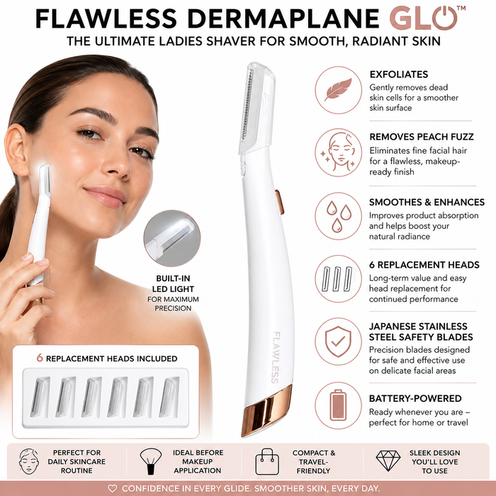 Ladies facial hair remover shown with 6 replacement heads for peach fuzz removal, exfoliation and smoother makeup application