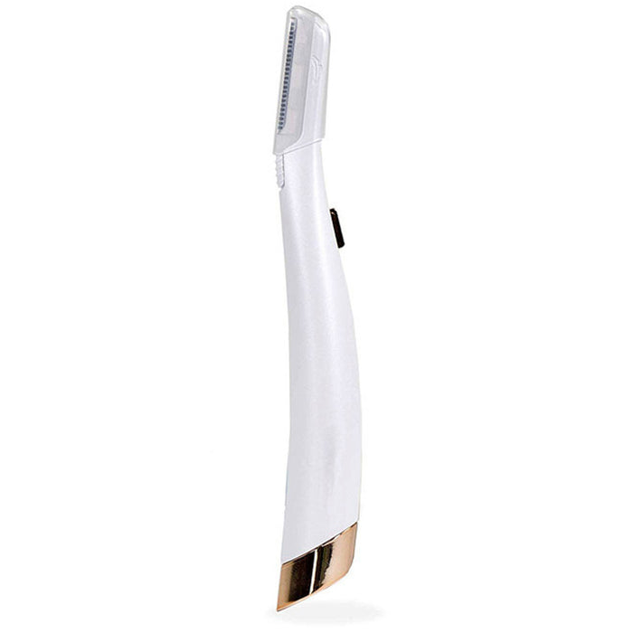 White Flawless Dermaplane Glo device next to six replacement heads, highlighting long-term value and simple head replacement.