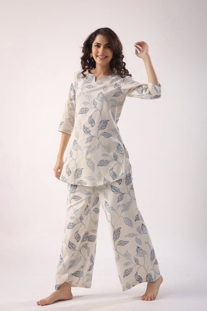 Leaves On Cotton Flex Palazzo Loungewear Set