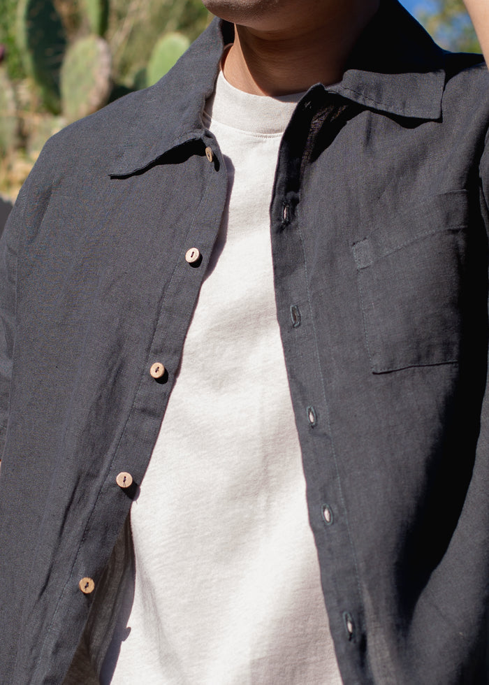 close up of men's dark grey linen button down