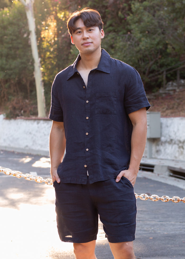 Close-up detail of Linen Short on model