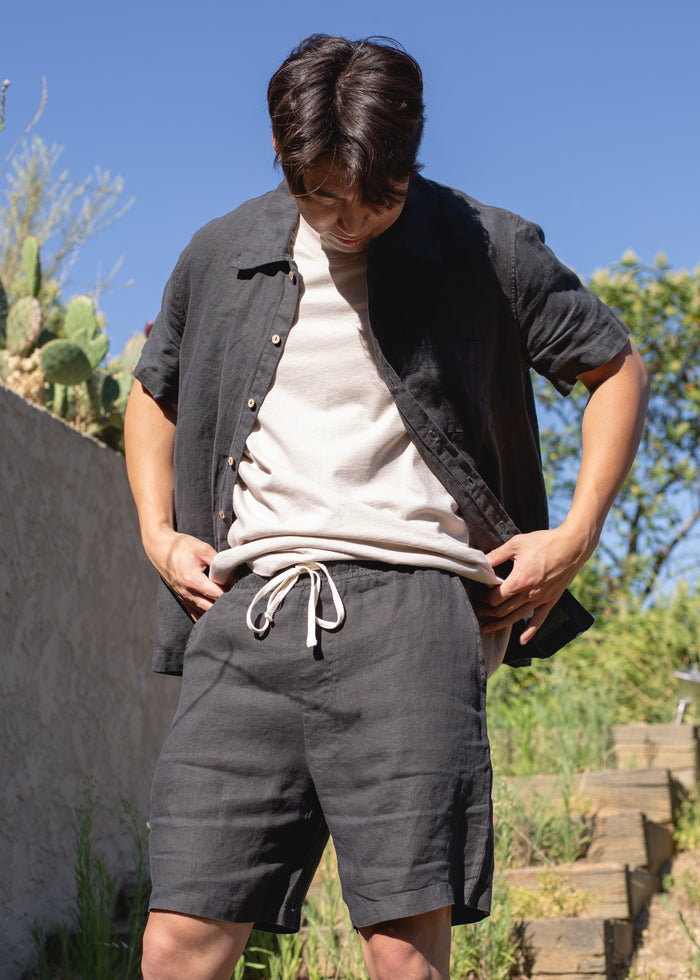 Additional view of Linen Short in black on model