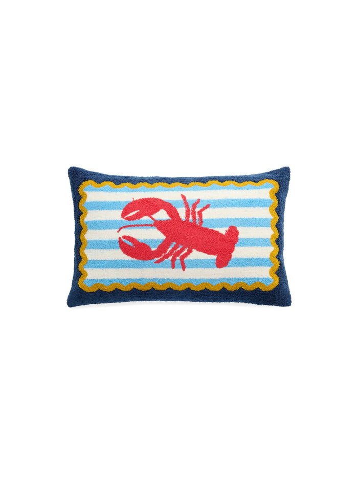 Decorative navy pillow with a red lobster on a blue and white striped background with golden yellow trim