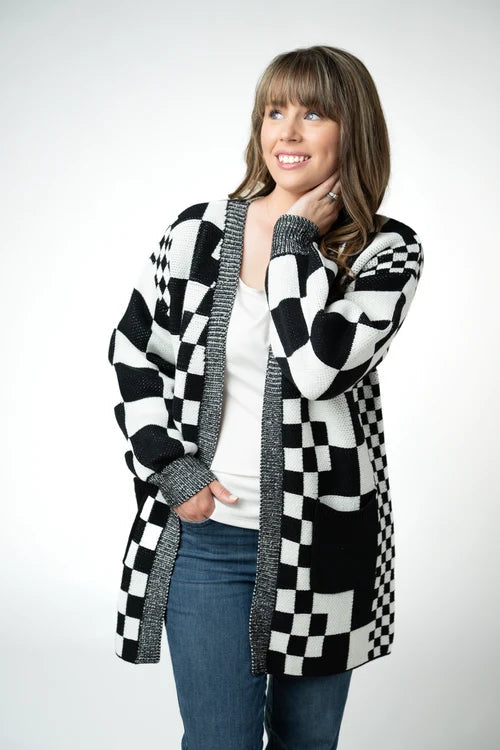 Long Checkered Pocket Cardigan - Black and White by Michelle Mae