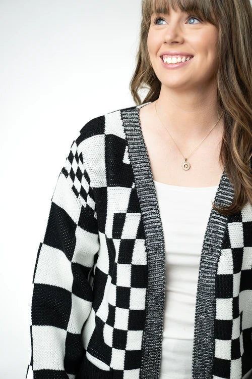 Long Checkered Pocket Cardigan - Black and White by Michelle Mae