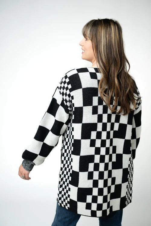 Long Checkered Pocket Cardigan - Black and White by Michelle Mae