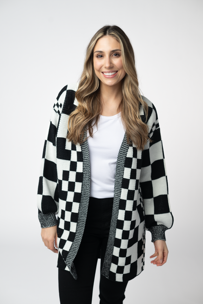 Long Checkered Pocket Cardigan - Black and White by Michelle Mae
