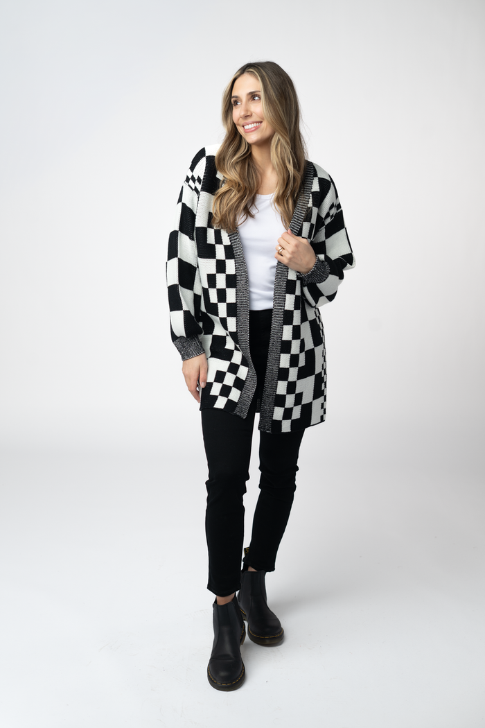 Long Checkered Pocket Cardigan - Black and White by Michelle Mae