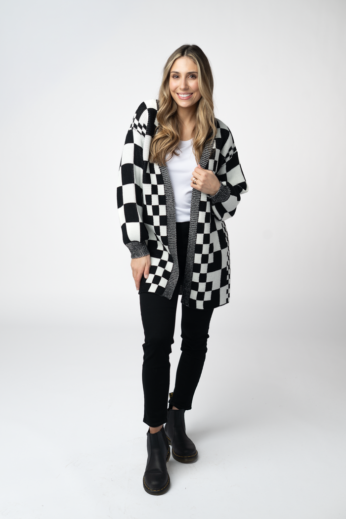 Long Checkered Pocket Cardigan - Black and White by Michelle Mae