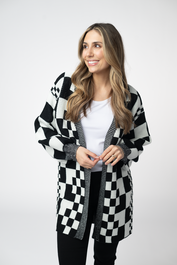 Long Checkered Pocket Cardigan - Black and White by Michelle Mae