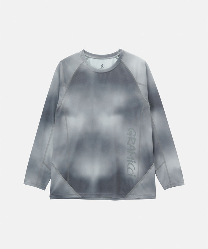Gramicci black tie-dye L/S 1st Layer shirt with grey graphic against a light-tone background.