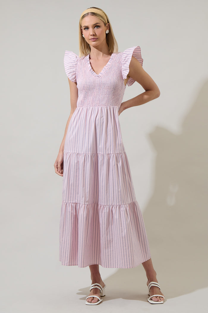 Lula Striped Sunfire Tiered Midi Dress