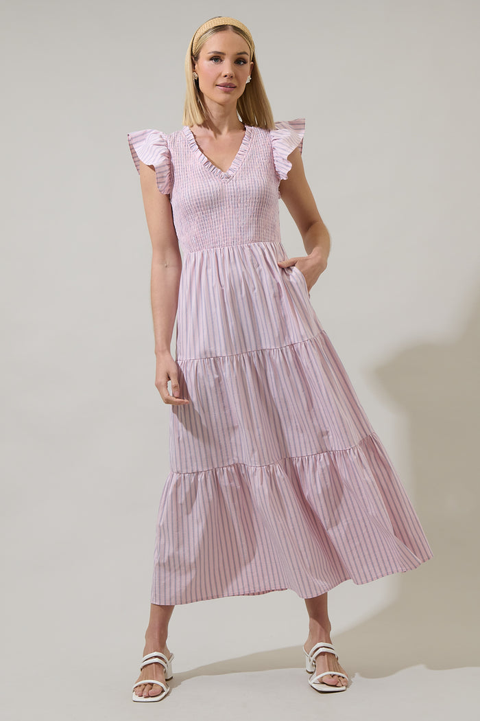 Lula Striped Sunfire Tiered Midi Dress