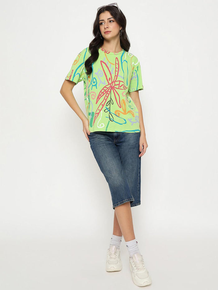 Madame All Over Print Half Sleeve Parrot Green Cotton T-shirt