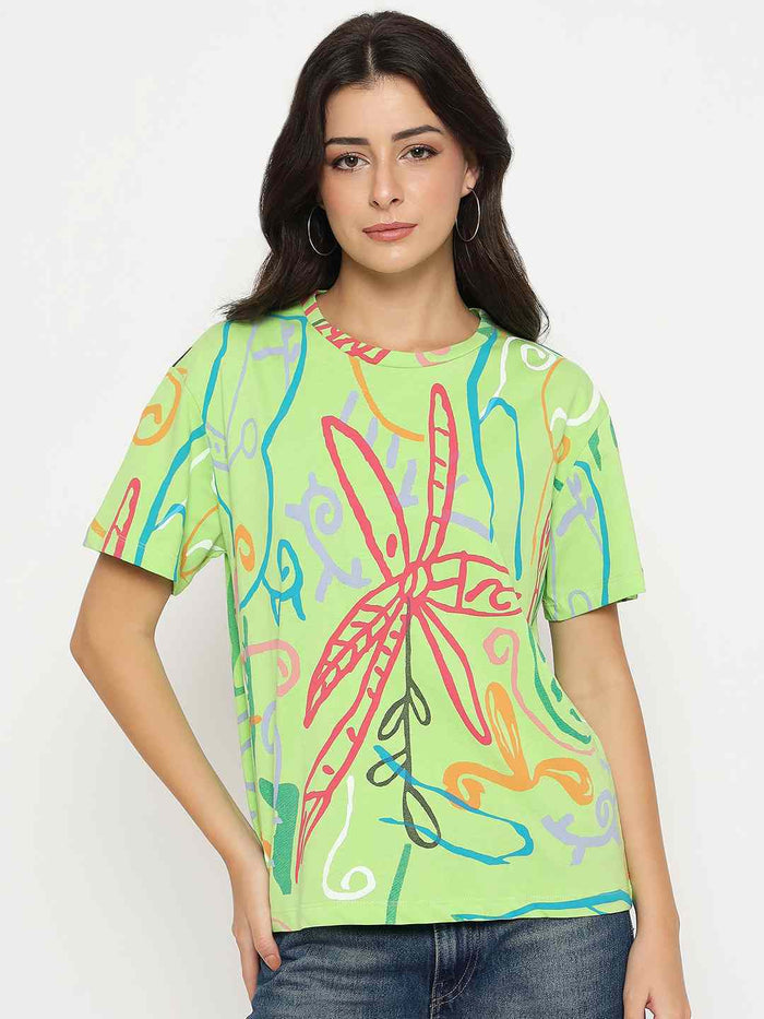 Madame All Over Print Half Sleeve Parrot Green Cotton T-shirt