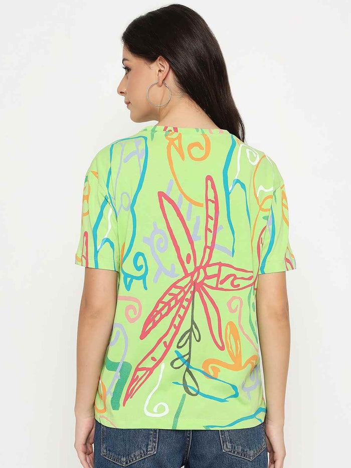 Madame All Over Print Half Sleeve Parrot Green Cotton T-shirt