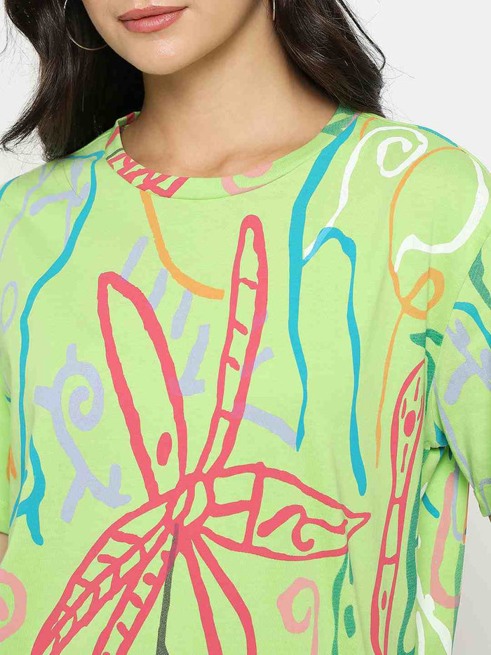 Madame All Over Print Half Sleeve Parrot Green Cotton T-shirt
