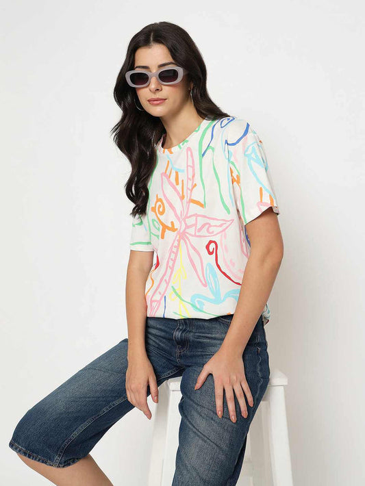 Madame All Over Print Half Sleeve White Cotton T-shirt