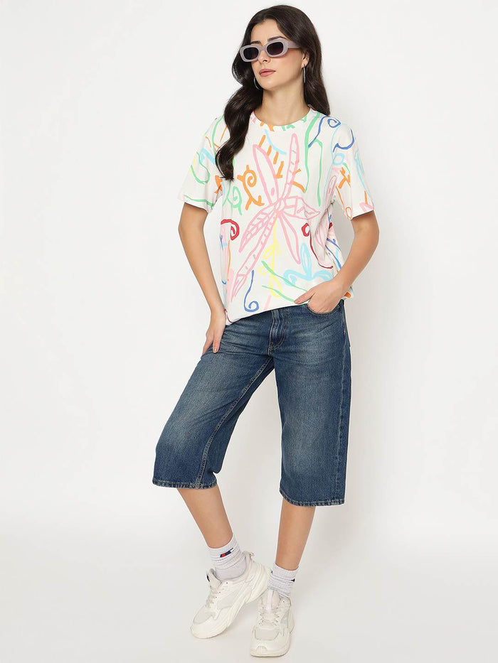 Madame All Over Print Half Sleeve White Cotton T-shirt