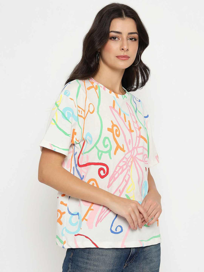 Madame All Over Print Half Sleeve White Cotton T-shirt