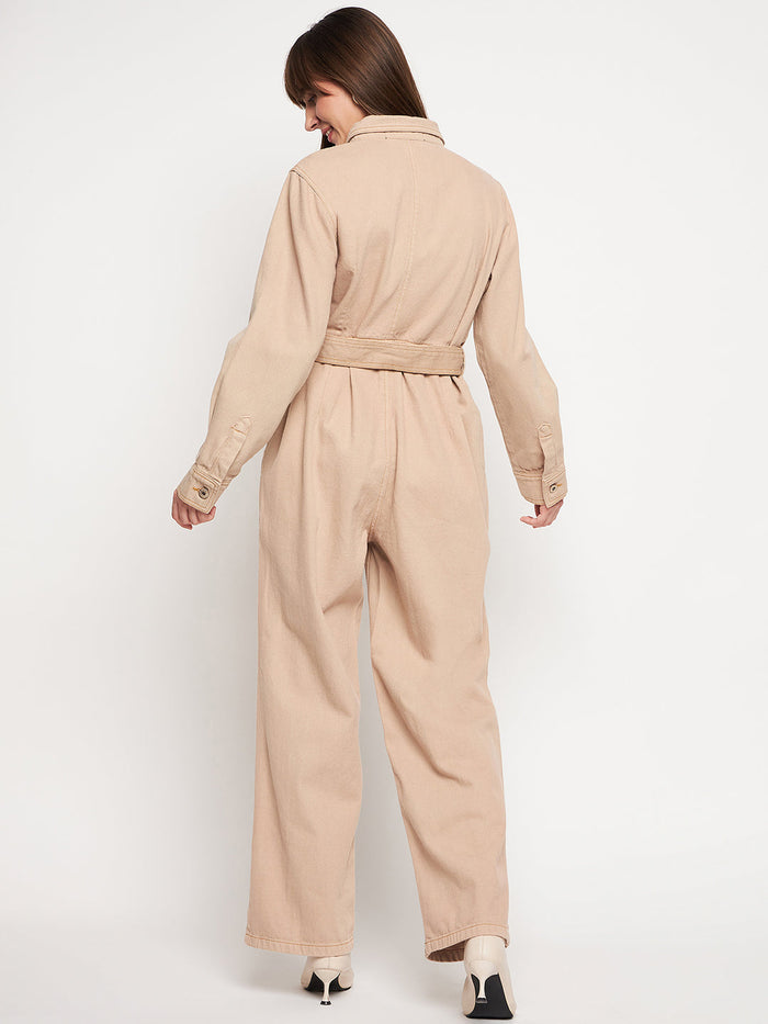 Madame Beige Belted Cargo Jumpsuit