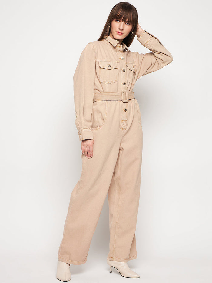 Madame Beige Belted Cargo Jumpsuit
