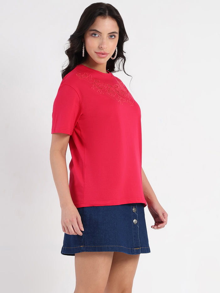 Madame Embroidered Round Neck Red Cotton Lycra T-shirt