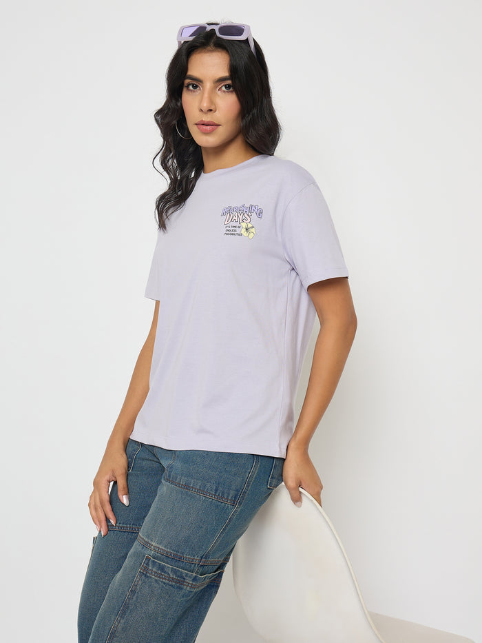 Madame Graphic Print Adorned Lilac Cotton T-shirt