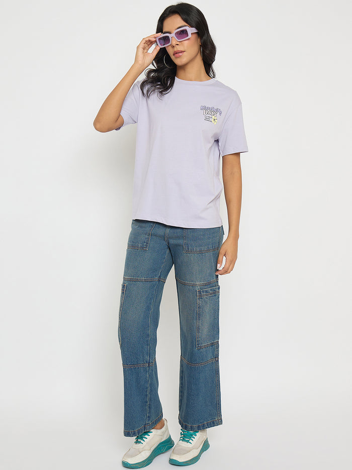 Madame Graphic Print Adorned Lilac Cotton T-shirt