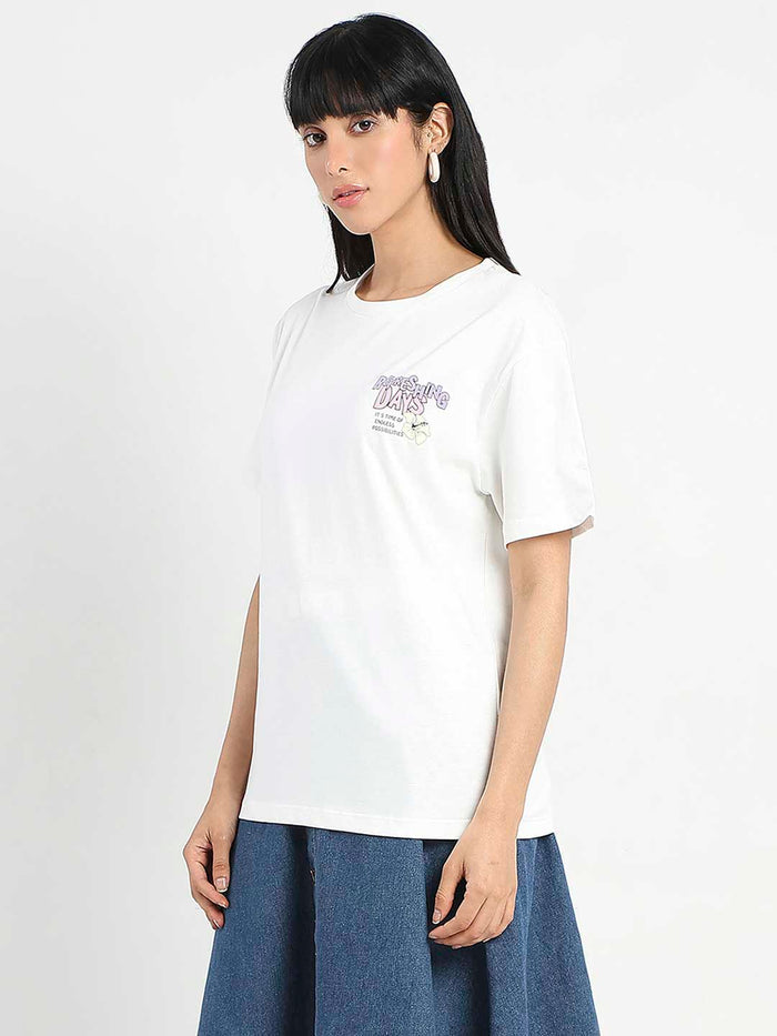 Madame Graphic Printed Round Neck White Sinker T-Shirt