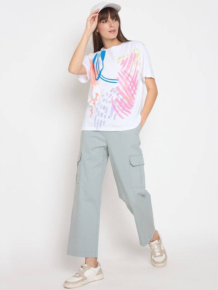 Madame Handwork Detail with Graphic Print White T-shirt