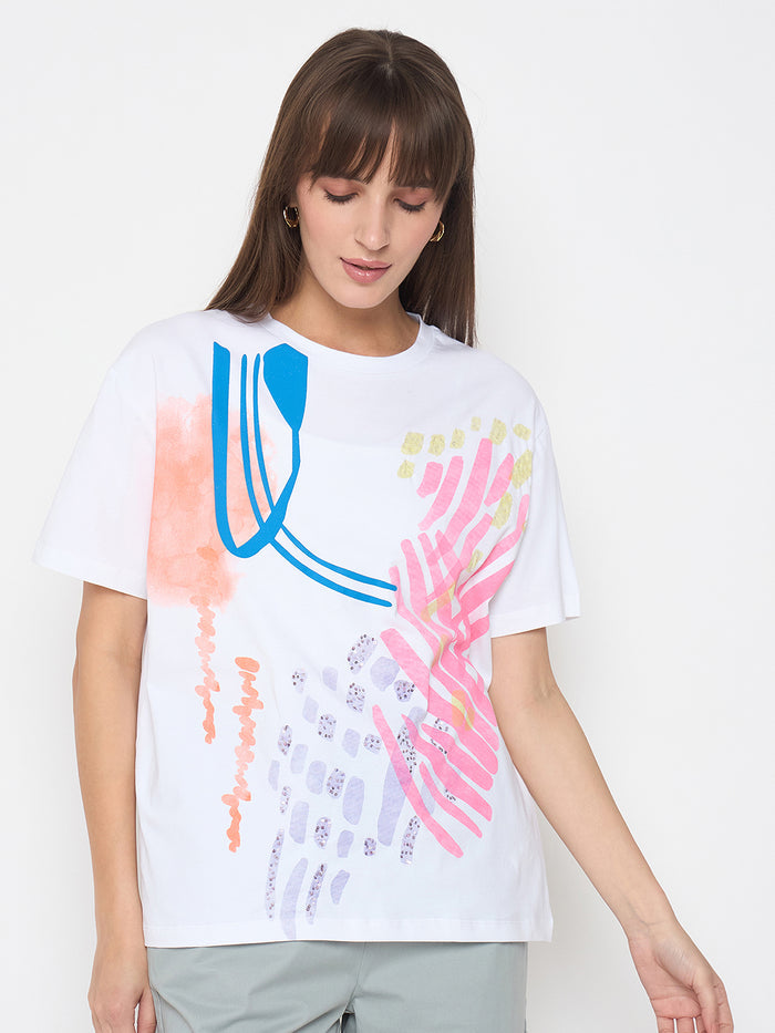Madame Handwork Detail with Graphic Print White T-shirt