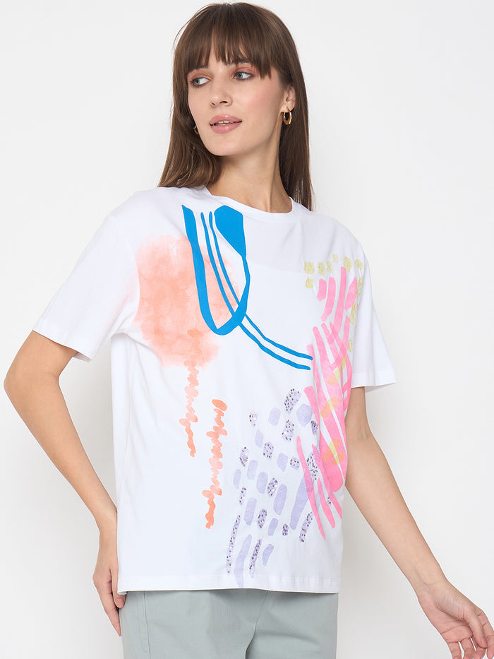Madame Handwork Detail with Graphic Print White T-shirt