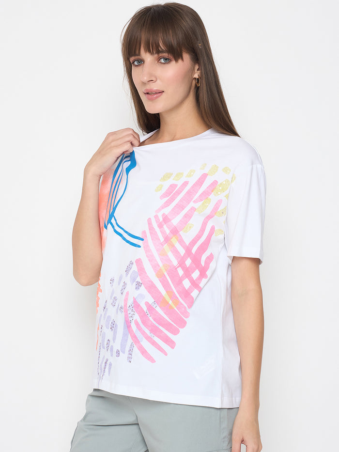 Madame Handwork Detail with Graphic Print White T-shirt