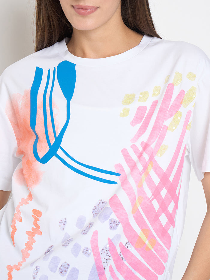 Madame Handwork Detail with Graphic Print White T-shirt
