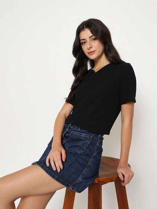 Madame Henley Neck Solid Black T-Shirt