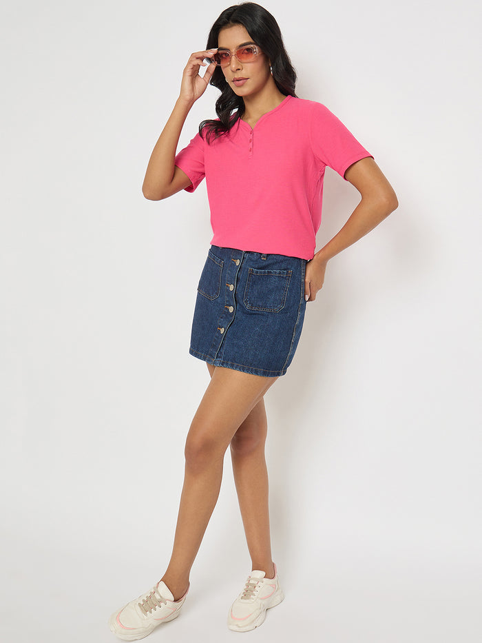 Madame Henley Neck Solid Hot Pink T-Shirt
