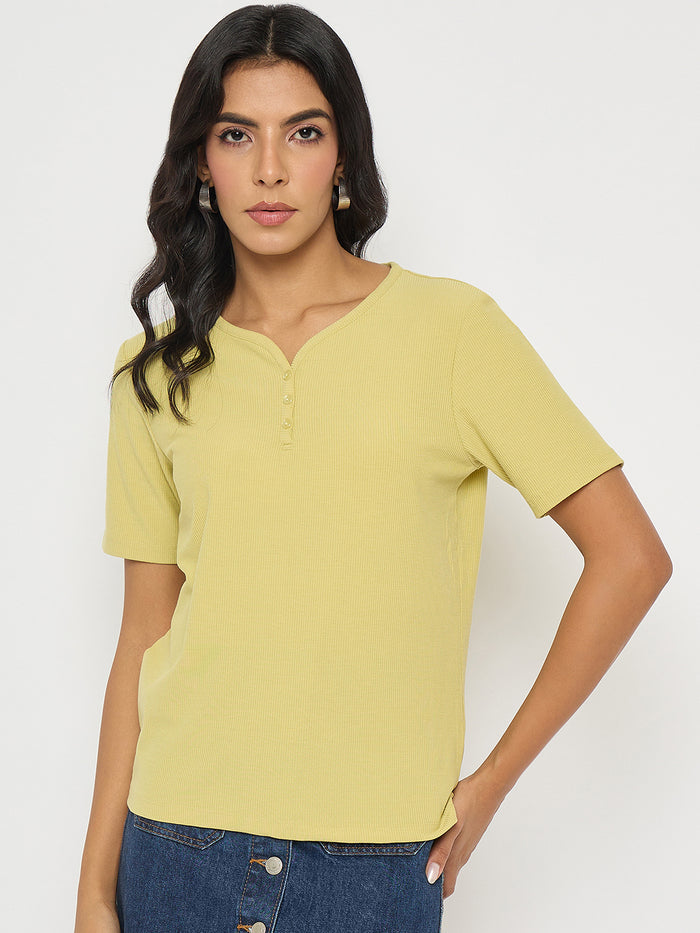 Madame Henley Neck Solid Mustard Yellow T-Shirt